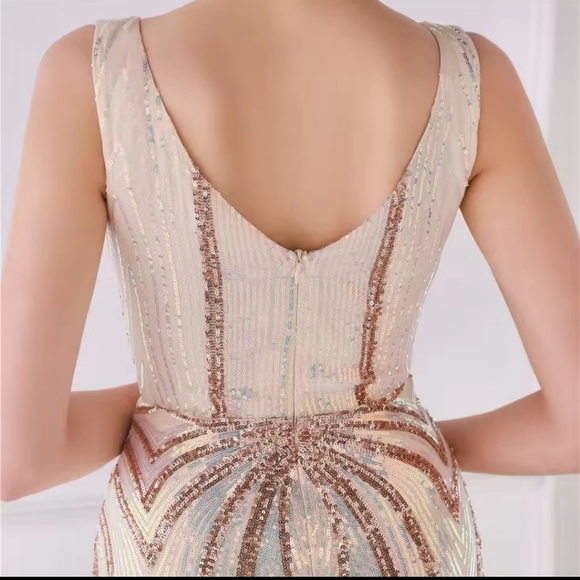 Champagne and Gold,  V Neck,  Striped,  Contrast Sequined Mermaid Gown - Picture 3 of 13